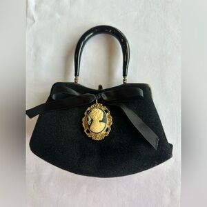 Vintage Black Suede Purse with Bow  and Pendant with Wood Handle